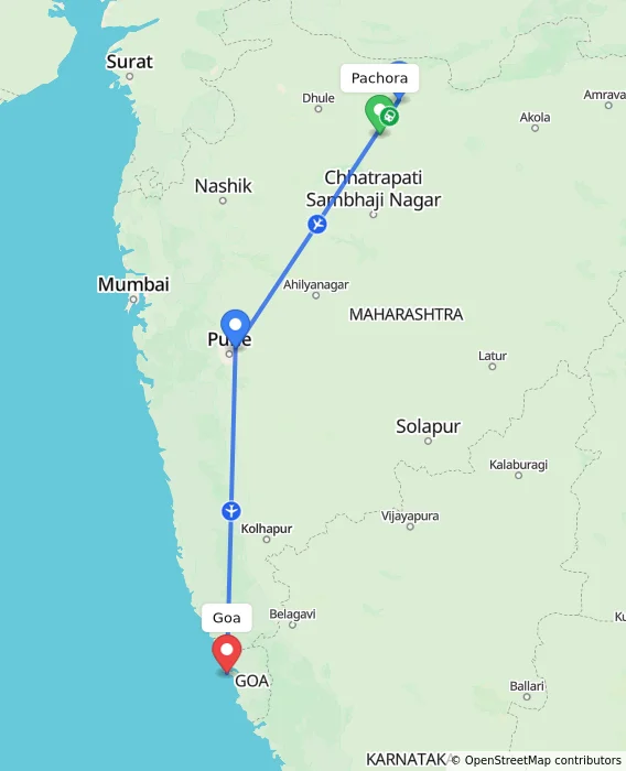 Route map showing distance and travel time from Pachora, India to Goa, India