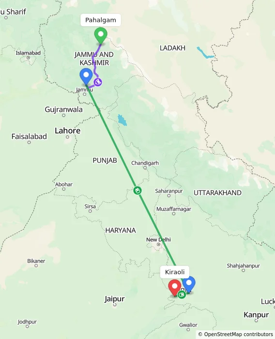 Route map showing distance and travel time from Pahalgam, India to Kiraoli, India