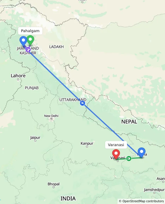 Route map showing distance and travel time from Pahalgam, India to Varanasi, India