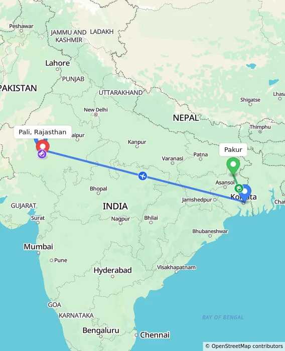 Route map showing distance and travel time from Pakur, India to Pali, Rajasthan, India