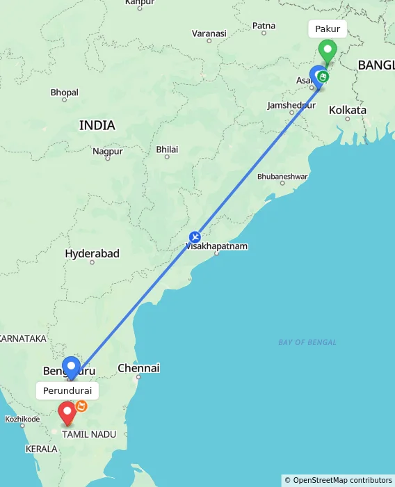 Route map showing distance and travel time from Pakur, India to Perundurai, India