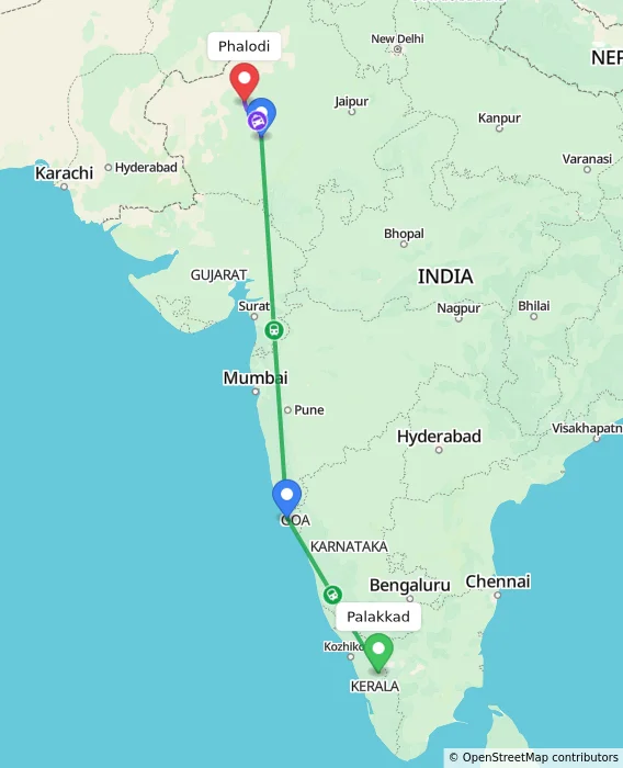Route map showing distance and travel time from Palakkad, India to Phalodi, India