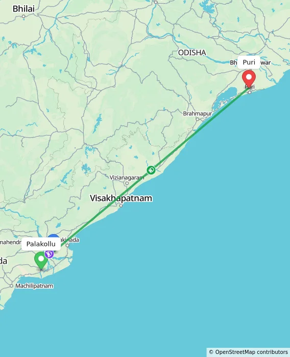 Route map showing distance and travel time from Palakollu, India to Puri, India