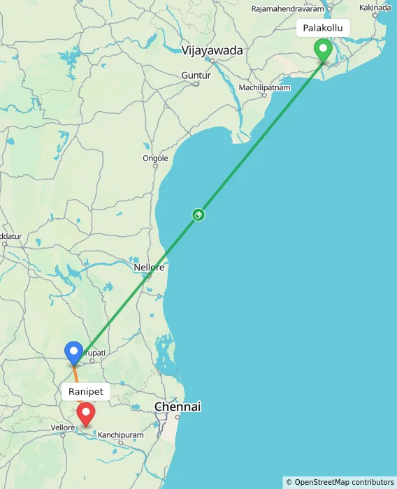 Route map showing distance and travel time from Palakollu, India to Ranipet, India