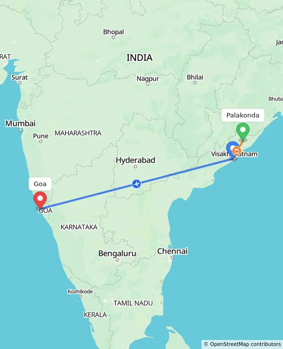 Route map showing distance and travel time from Palakonda, India to Goa, India