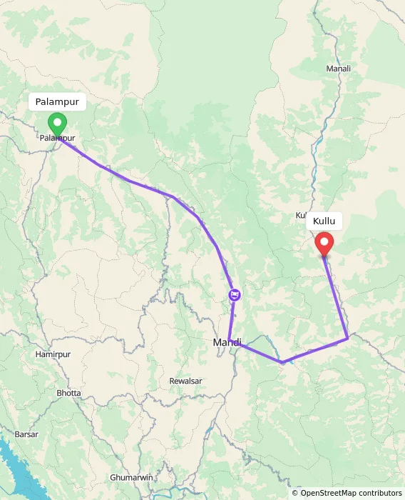 Route map showing distance and travel time from Palampur, India to Kullu, India