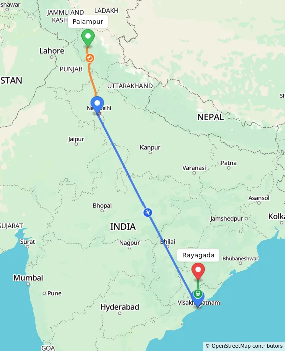 Route map showing distance and travel time from Palampur, India to Rayagada, India