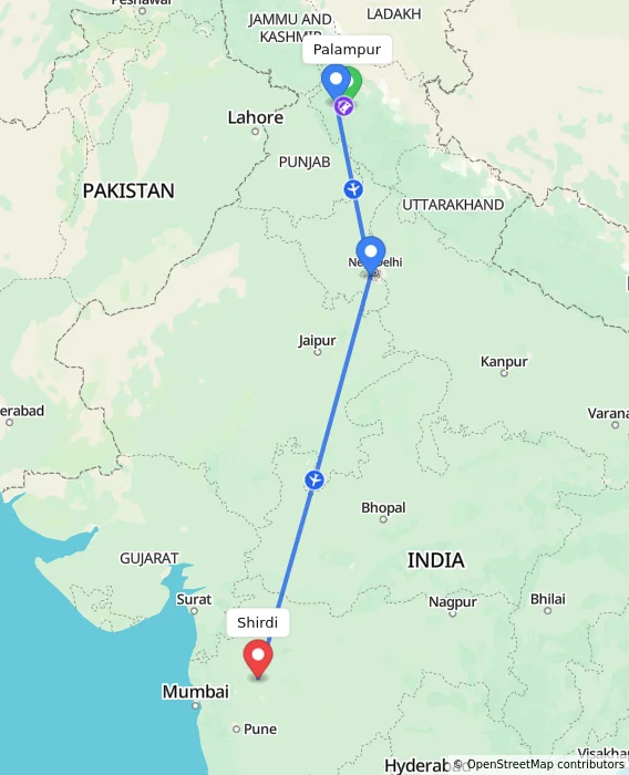Route map showing distance and travel time from Palampur, India to Shirdi, India
