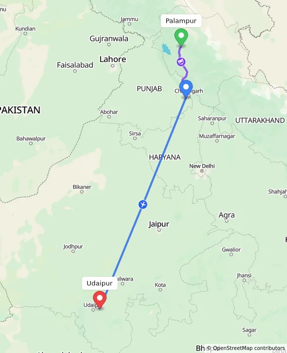 Route map showing distance and travel time from Palampur, India to Udaipur, India