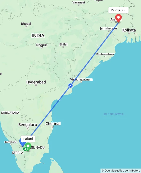 Route map showing distance and travel time from Palani, India to Durgapur, India