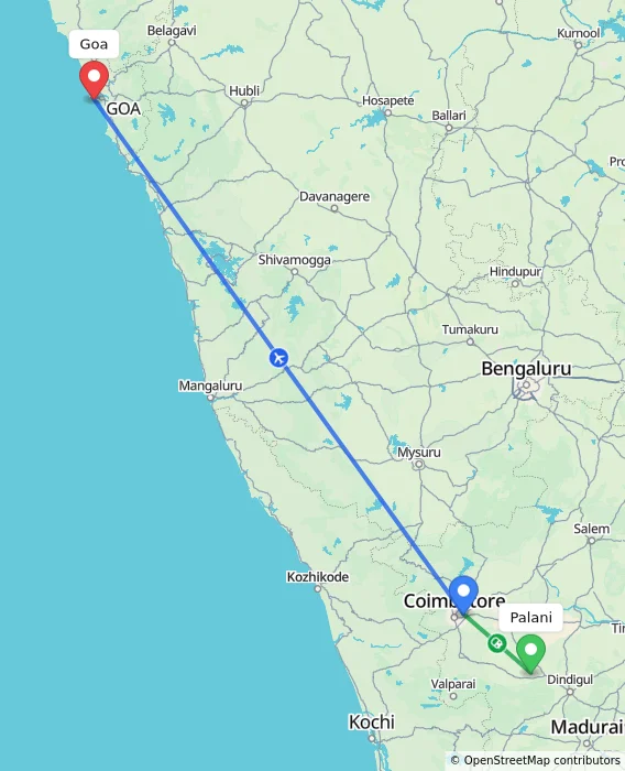 Route map showing distance and travel time from Palani, India to Goa, India
