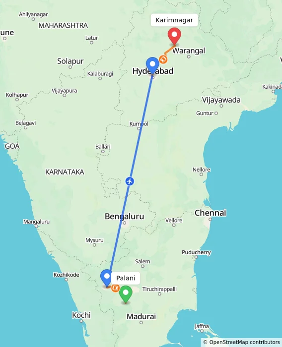 Route map showing distance and travel time from Palani, India to Karimnagar, India