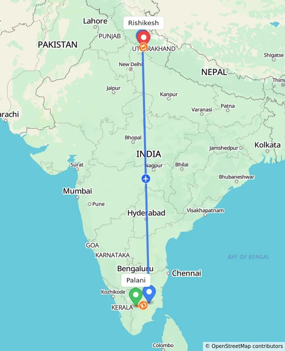 Route map showing distance and travel time from Palani, India to Rishikesh, India