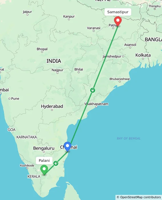 Route map showing distance and travel time from Palani, India to Samastipur, India