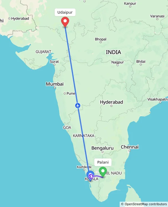 Route map showing distance and travel time from Palani, India to Udaipur, India