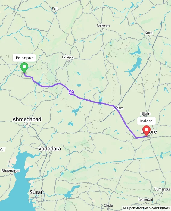 Route map showing distance and travel time from Palanpur, India to Indore, India