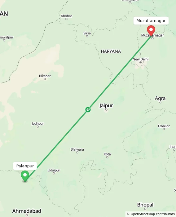 Route map showing distance and travel time from Palanpur, India to Muzaffarnagar, India