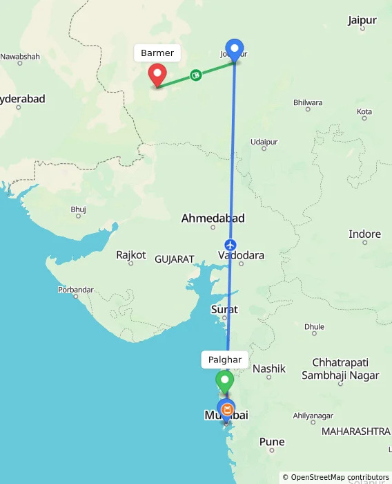 Route map showing distance and travel time from Palghar, India to Barmer, India