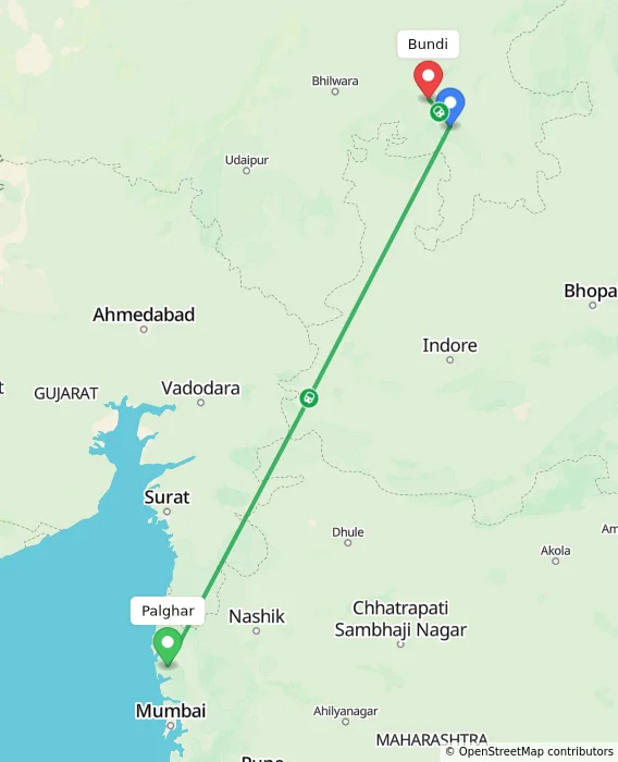 Route map showing distance and travel time from Palghar, India to Bundi, India