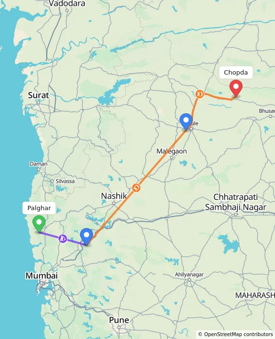 Route map showing distance and travel time from Palghar, India to Chopda, India