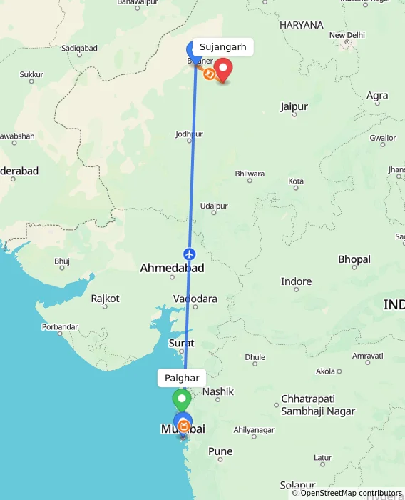 Route map showing distance and travel time from Palghar, India to Sujangarh, India