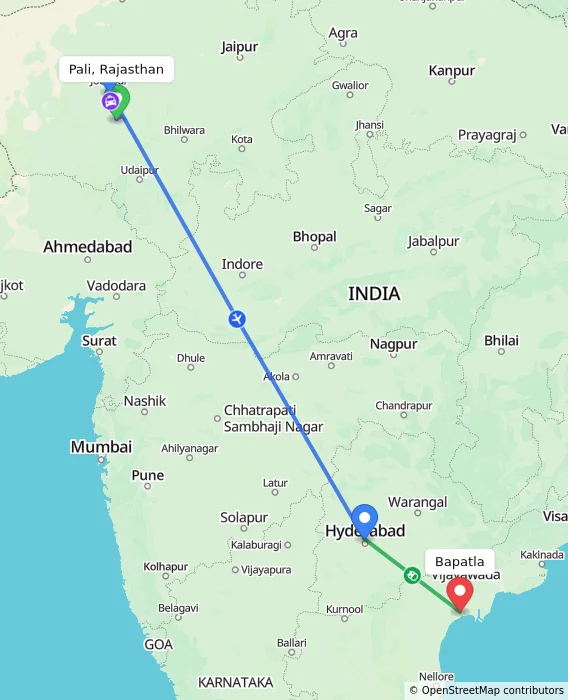 Route map showing distance and travel time from Pali, Rajasthan, India to Bapatla, India