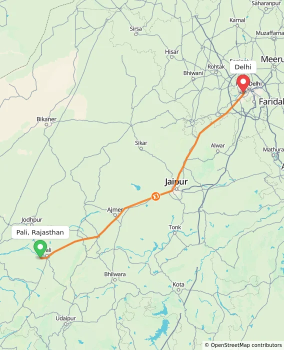 Route map showing distance and travel time from Pali, Rajasthan, India to Delhi, India