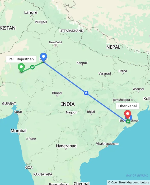 Route map showing distance and travel time from Pali, Rajasthan, India to Dhenkanal, India