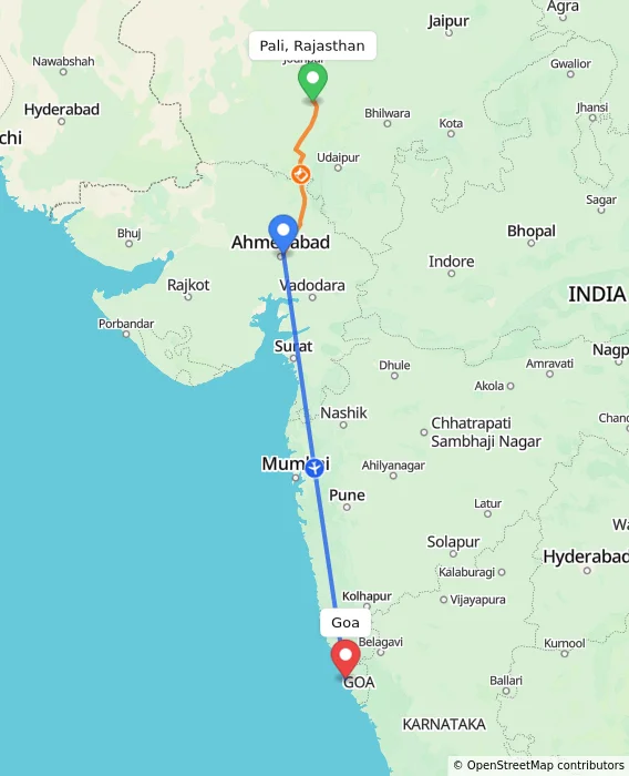 Route map showing distance and travel time from Pali, Rajasthan, India to Goa, India