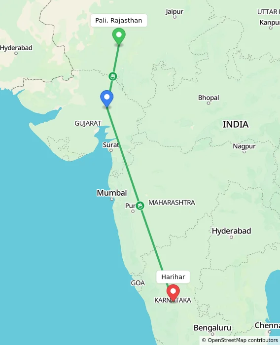 Route map showing distance and travel time from Pali, Rajasthan, India to Harihar, India