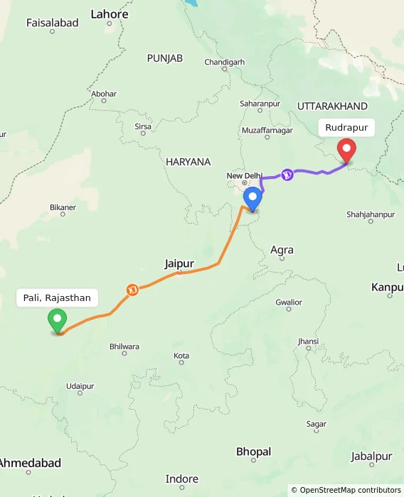 Route map showing distance and travel time from Pali, Rajasthan, India to Rudrapur, India