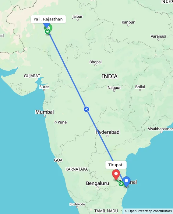 Route map showing distance and travel time from Pali, Rajasthan, India to Tirupati, India