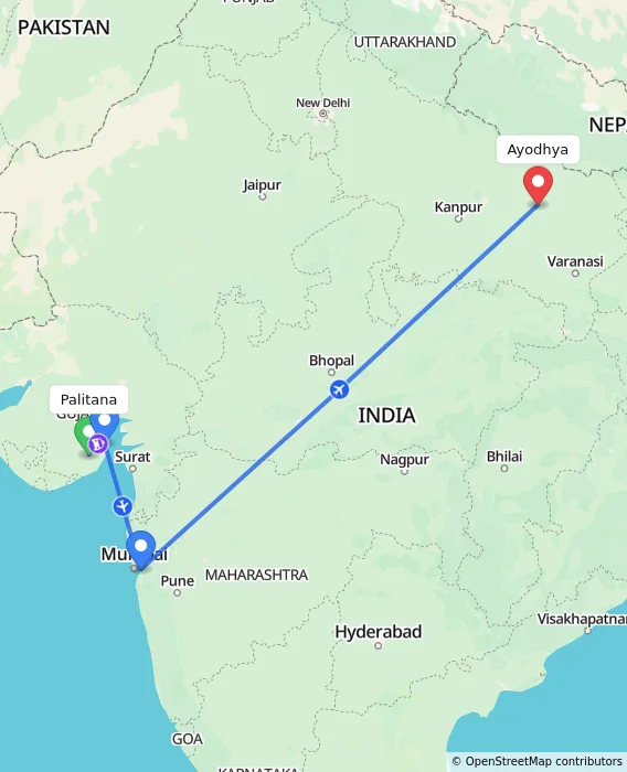 Route map showing distance and travel time from Palitana, India to Ayodhya, India