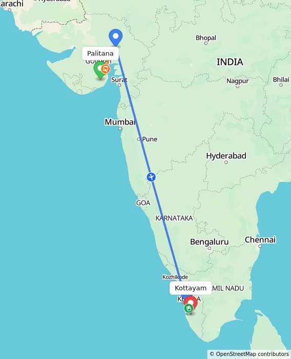 Route map showing distance and travel time from Palitana, India to Kottayam, India