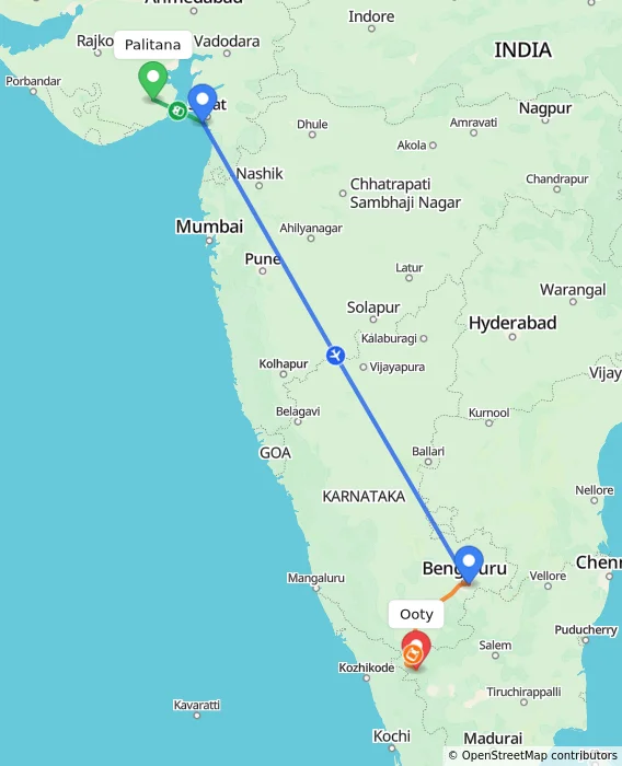 Route map showing distance and travel time from Palitana, India to Ooty, India
