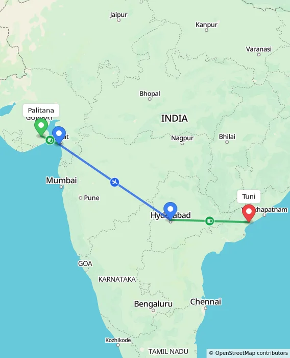 Route map showing distance and travel time from Palitana, India to Tuni, India