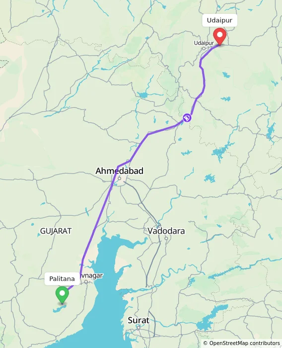 Route map showing distance and travel time from Palitana, India to Udaipur, India