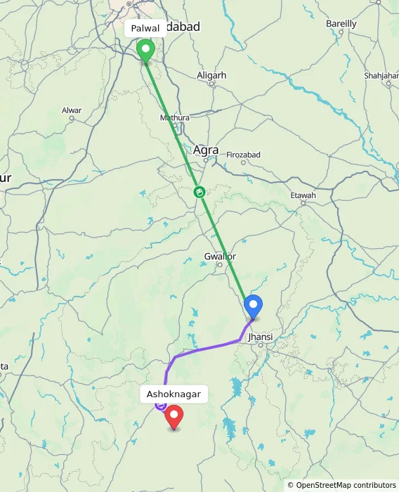 Route map showing distance and travel time from Palwal, India to Ashoknagar, India