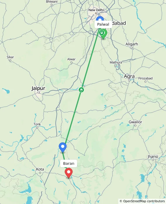 Route map showing distance and travel time from Palwal, India to Baran, India