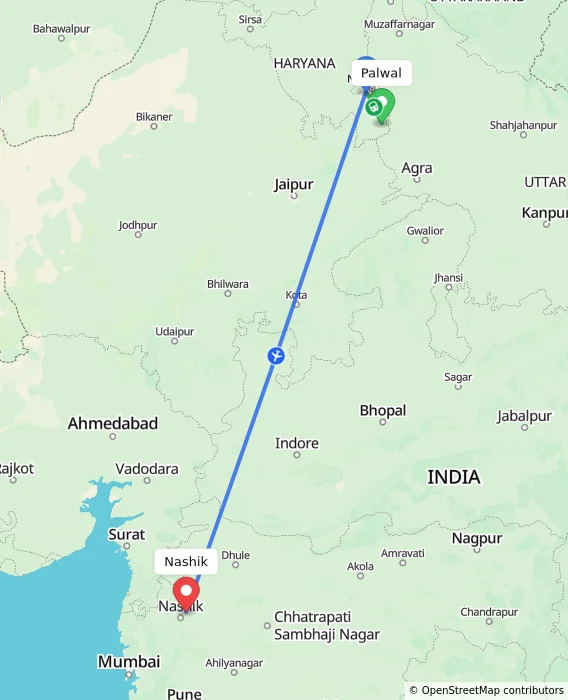 Route map showing distance and travel time from Palwal, India to Nashik, India