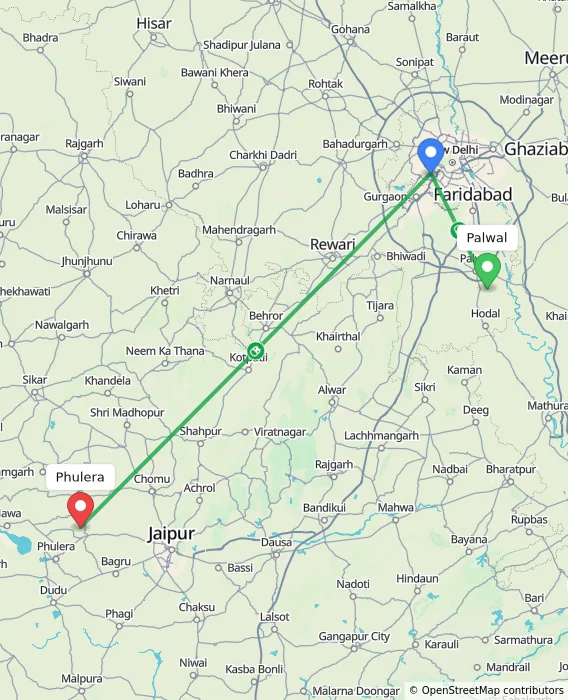 Route map showing distance and travel time from Palwal, India to Phulera, India