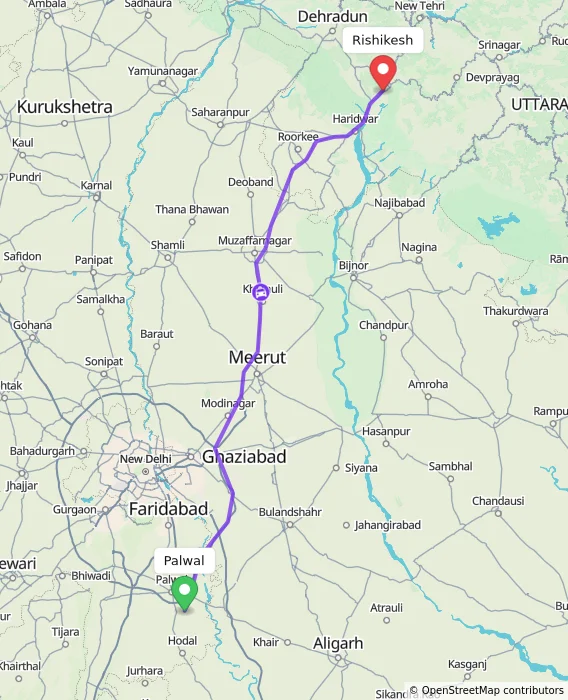 Route map showing distance and travel time from Palwal, India to Rishikesh, India