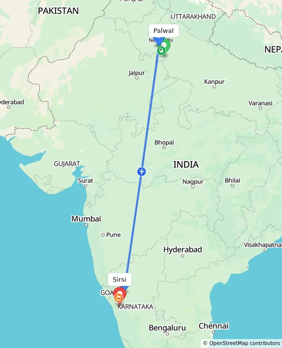 Route map showing distance and travel time from Palwal, India to Sirsi, India
