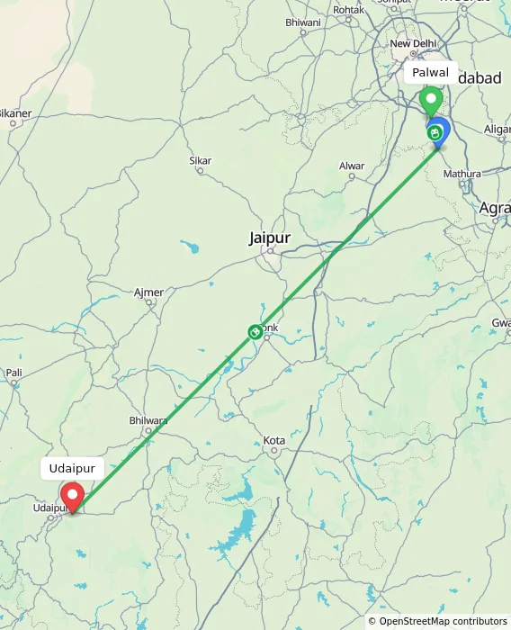 Route map showing distance and travel time from Palwal, India to Udaipur, India