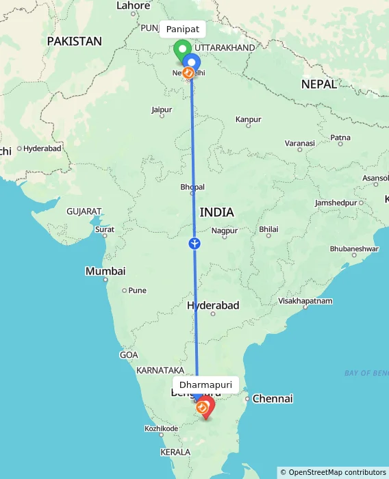 Route map showing distance and travel time from Panipat, India to Dharmapuri, India
