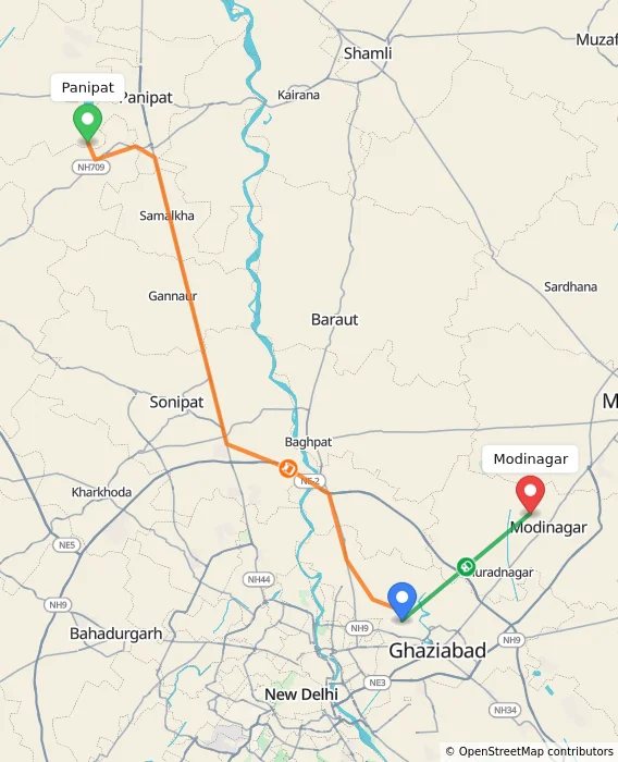 Route map showing distance and travel time from Panipat, India to Modinagar, India