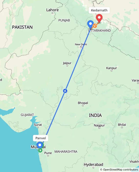 Route map showing distance and travel time from Panvel, India to Kedarnath, India