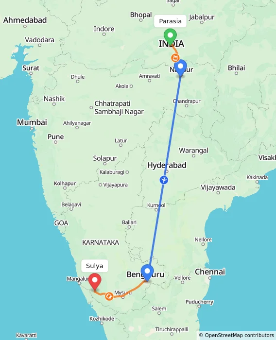 Route map showing distance and travel time from Parasia, India to Sulya, India