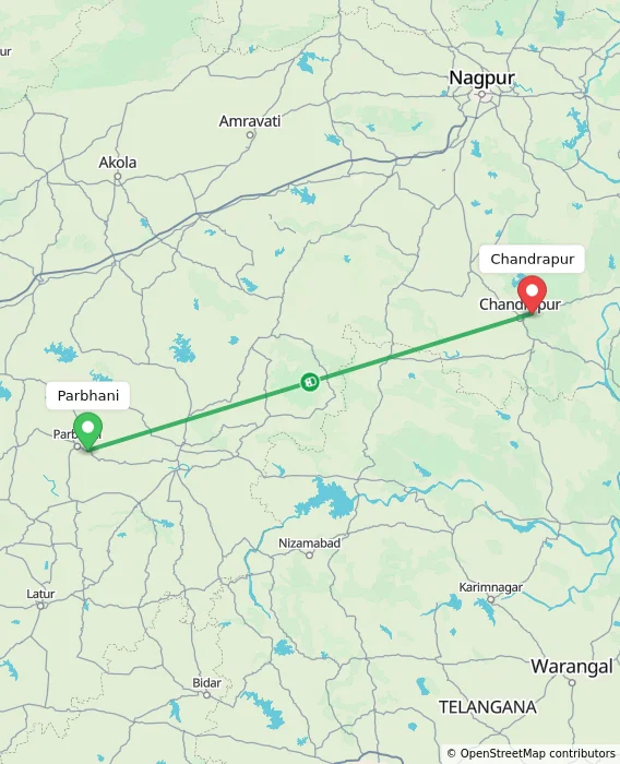 Route map showing distance and travel time from Parbhani, India to Chandrapur, India