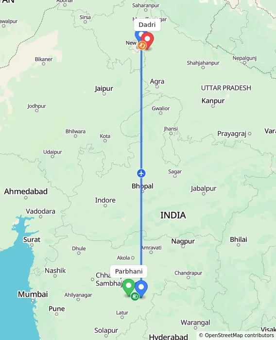 Route map showing distance and travel time from Parbhani, India to Dadri, India